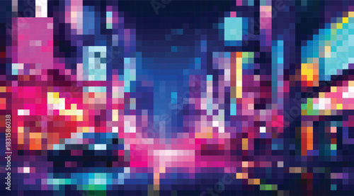 Abstract Cityscape: Pixelated Colors, Square Shapes, Light Streaks, Urban Scene for digital backgrounds and creative designs showcasing a unique, modern artistic style