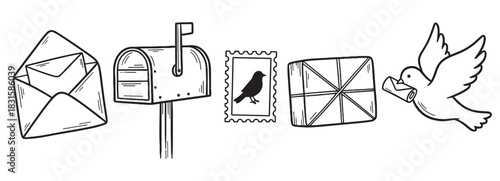 Hand-drawn mail and postage doodle illustrations featuring an envelope, mailbox, stamp, parcel, and carrier pigeon in a black and white line art sketch style