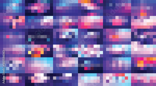 Abstract Pixel Art, Blue and Pink Hues, Square Shapes, Mosaic Elements, Digital Background, creates a trendy and modern backdrop for web design projects and artistic presentations