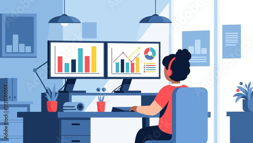 Business analytics visualized on dual monitors, depicting growth charts and data analysis
