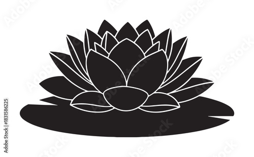 Black and white lotus flower silhouette illustration with delicate white outlines resting on a lily pad, symbolizing purity, enlightenment, and tranquility in a minimalist graphic style
