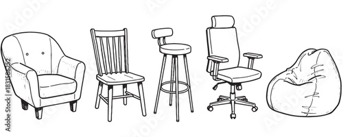 Set of five hand-drawn chairs in a black and white sketch style, featuring an armchair, dining chair, bar stool, office chair, and a comfortable beanbag for various interiors