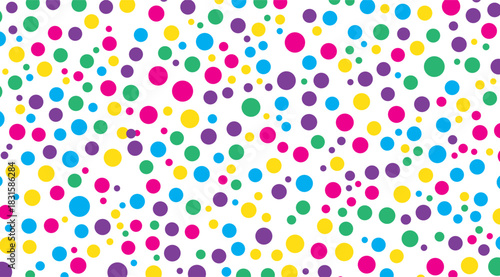 Colorful Polka Dots, Pink, Yellow, Green, Blue, Purple, Simple Round Shapes, Seamless Pattern for Playful Backgrounds, Decorations, and Creative Designs, 179 characters