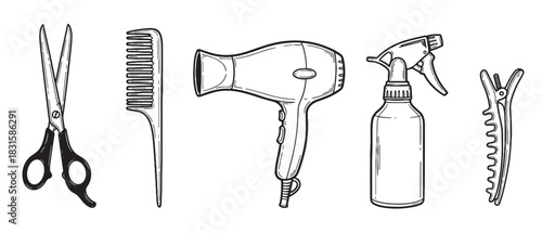 Set of black and white hairdressing tools including scissors, a comb, hairdryer, spray bottle, and clip, presented in a hand-drawn sketch illustration style for a salon concept