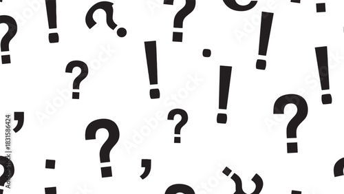 Black question and exclamation marks pattern creating a chaotic seamless design for concepts of confusion, inquiry, and surprise in a bold minimalist graphic style