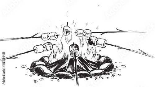 Marshmallows on sticks roasting over a campfire in a detailed black and white hand-drawn sketch style, evoking a cozy and traditional outdoor camping adventure with friends