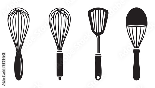 Four black silhouette icons of kitchen utensils, including various whisks and a slotted spatula, arranged in a row for cooking, baking, and culinary design concepts