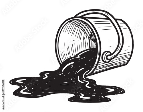 Tipped over paint can spilling thick black liquid in a vintage hand-drawn sketch style, a monochrome line art illustration with detailed hatching and shading