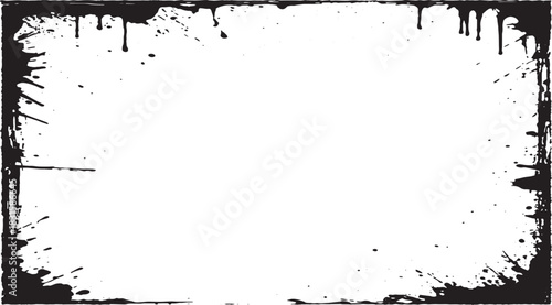 Grunge Black Rectangular Frame, with Ink Splatters and Dripping Paint, used for artistic borders and creative design, adding unique distressed elements to photos or text, 186 characters