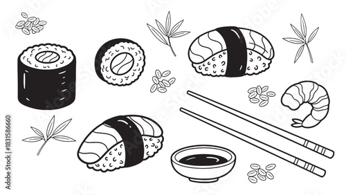 Hand drawn black and white sushi set with maki rolls, nigiri, shrimp, chopsticks, and soy sauce, a collection of Japanese food elements in a simple doodle line art style