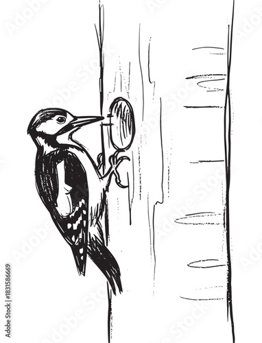Black and white sketch of a woodpecker pecking a hole in a tree trunk, depicted in a simple, hand-drawn ink style with expressive brushstrokes and minimalist details