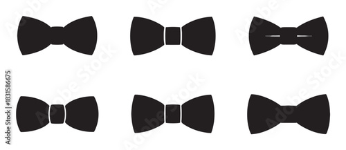 Six black bow tie silhouette icons in various classic and modern shapes, a collection of elegant neckwear accessories for formal attire, presented in a simple graphic vector style