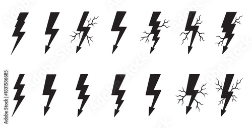 Set of black lightning bolt icons in various hand-drawn styles, showing simple silhouettes and bolts with crackling electrical discharges to symbolize power, energy, and storms