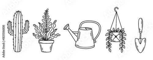 Hand-drawn set of gardening icons including a cactus, potted fern, watering can, hanging plant, and trowel in a simple black and white doodle style illustration