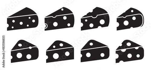 Set of eight black cheese wedge icons in a simple flat silhouette style, showcasing various shapes and hole patterns for graphic design elements