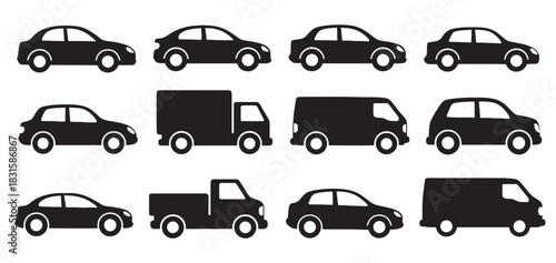 Collection of black vehicle silhouettes including cars, trucks, and vans in a simple graphic icon style for transportation and automotive design concepts