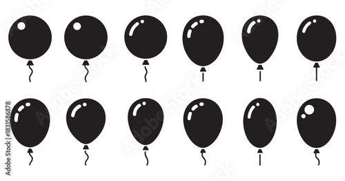 Set of black balloon vector icons featuring various shapes and string designs, a collection of simple glyphs for party, birthday, and celebration themed graphic design projects