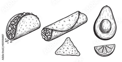 Set of hand-drawn Mexican food illustrations featuring a taco, burrito, nacho, avocado, and lime, rendered in a detailed black and white vintage sketch art style