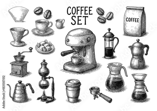 コーヒー器具セット・ペン画イラスト、Coffee Equipment Set Illustration
