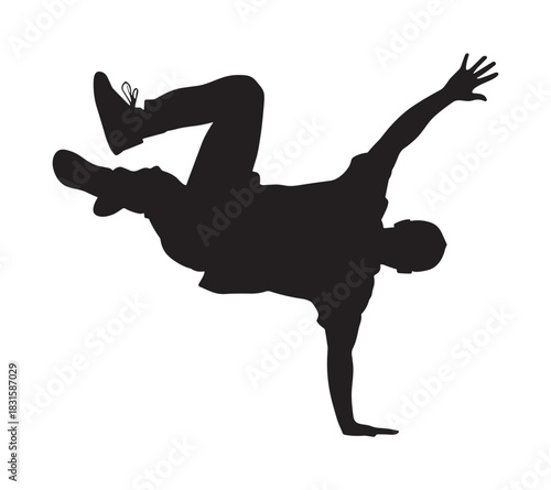 Dynamic black silhouette of a b-boy in a freeze pose, capturing the energetic movement and athletic skill of modern hip-hop street dance in a clean graphic illustration