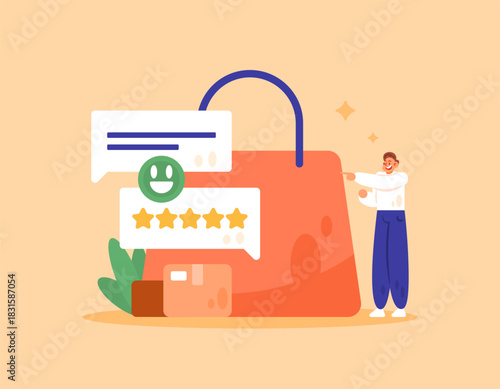 The concept of reviews and customer satisfaction. Giving ratings, stars, and feedback. Illustration of a man with shopping bags and a comment or rating message. Flat design style. Orange background.