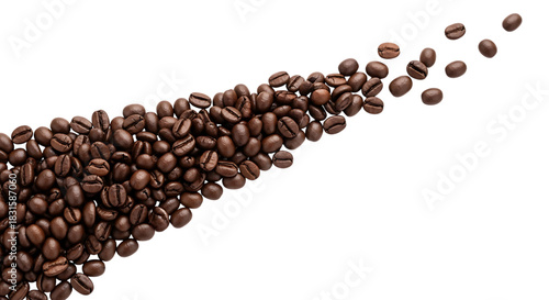 Roasted coffee beans flowing across a dark background creating a dynamic design