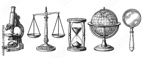 Collection of vintage scientific and legal symbols including a microscope, scales, hourglass, globe, and magnifying glass in a detailed hand-drawn engraving illustration style