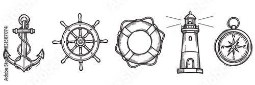 Set of hand-drawn nautical icons featuring an anchor, ship's wheel, lifebuoy, lighthouse, and compass in a vintage black and white sketch style for maritime and seafaring themes