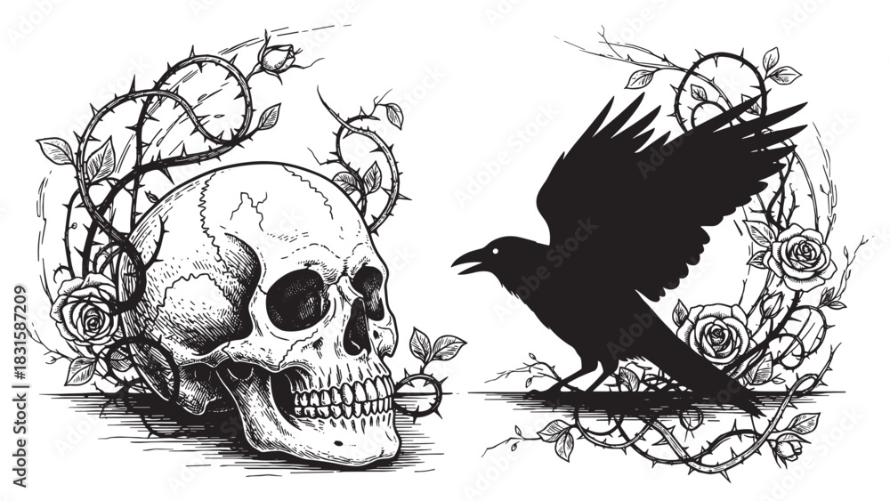 Naklejka premium Hand-drawn human skull and raven silhouette entwined with thorny rose vines in a gothic, macabre, black and white engraving style illustration perfect for a tattoo
