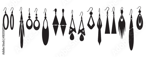 Large collection of black earring silhouettes in various modern and classic designs, showcasing a diverse range of styles from simple hoops to intricate dangling geometric shapes