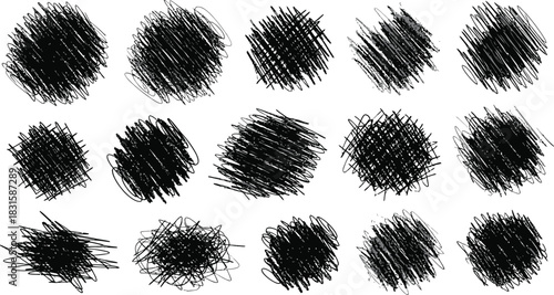 A large set of hand-drawn black scribble and hatching textures isolated on a white background.