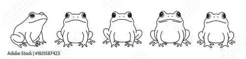 Five cute cartoon frogs sitting in a row in a simple black and white line art style, a minimalist vector illustration of amphibians with various funny expressions