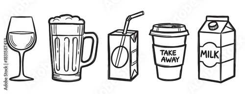 Set of hand-drawn beverage illustrations featuring a wine glass, beer mug, juice box, take-away coffee cup, and milk carton in a simple black outline doodle style