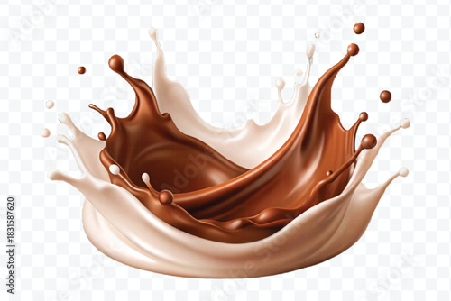 abstract 3d liquid chocolate with cream milk splash in different style isolated on transparent background	