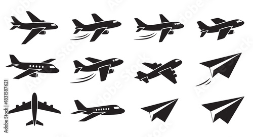 Collection of black airplane and paper plane icons showing various flight paths and perspectives in a simple graphic silhouette style for travel and transport concepts