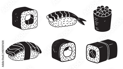 Collection of black and white sushi illustrations featuring various types like maki, nigiri, and gunkan in a simple, graphic vector style for culinary design