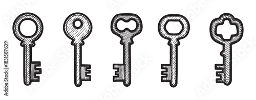 Set of five vintage skeleton keys with unique ornate bow designs are illustrated in a charming hand-drawn sketch style with black line art and hatching