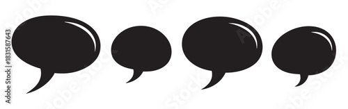 Four black speech bubbles in a row for communication and dialogue, featuring a simple graphic style with glossy highlights for various design and messaging concepts