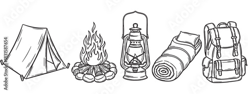 Set of hand-drawn camping equipment icons including a tent, campfire, lantern, sleeping bag, and backpack in a black and white line art style for outdoor adventure themes