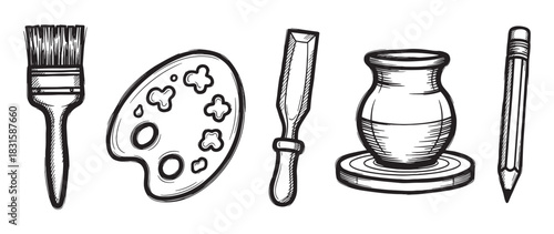 Set of hand-drawn art and craft tools including a paintbrush, palette, chisel, pot, and pencil in a black and white sketch illustration style for creative concepts