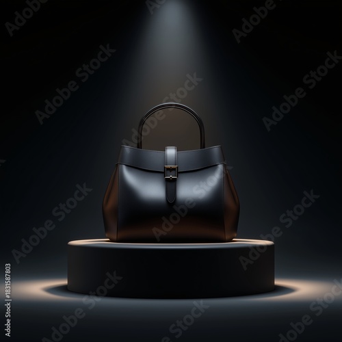 Elegant Handbag Display: A stylish black handbag, expertly displayed on a sleek, elevated pedestal, commands attention under a dramatic spotlight.