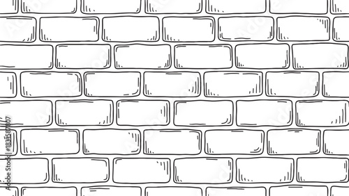 Hand drawn black and white brick wall seamless pattern in a simple doodle sketch style with rounded bricks and texture lines for a graphic and repetitive design