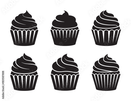 Six black cupcake icons with swirled frosting and ribbed paper liners arranged in a grid, a minimalist graphic illustration for bakery or dessert themes