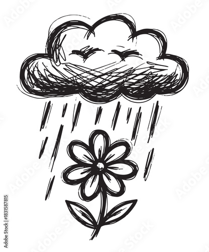 Hand-drawn black and white sketch of a happy cloud watering a small flower with gentle rain in a cute and simple doodle style illustration representing growth and nature