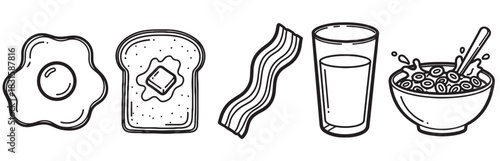 Set of black and white breakfast food icons including a fried egg, toast, bacon, milk, and cereal, illustrated in a simple hand-drawn doodle or sketch art style for menus