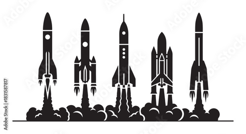 Five different black rocket ship silhouettes launching into the air with smoke and fire from their engines, shown in a simple, graphic, and iconic vector style