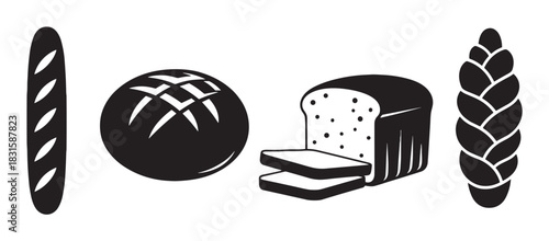 Collection of black bread icons showing a baguette, round boule, sliced sandwich loaf, and braided challah, presented as a minimalist graphic vector set for bakery or food concepts