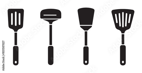 Four black kitchen spatula and turner icons in a minimalist flat design style, showcasing a collection of essential cooking utensils for flipping and serving food