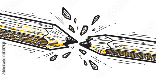 Broken wooden pencil snapping in half with splinters flying, illustrated in a dynamic hand-drawn sketch style representing stress, failure, and breaking point