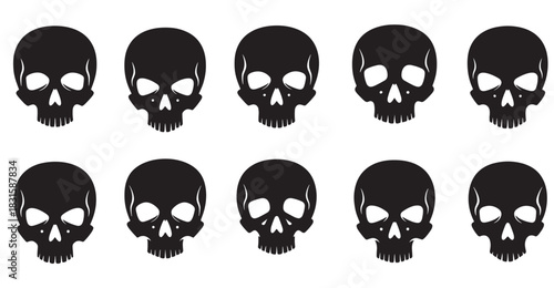 Ten black stylized human skull silhouettes arranged in a repeating pattern for a gothic or Halloween theme, presented as a flat vector graphic illustration with a minimalist design
